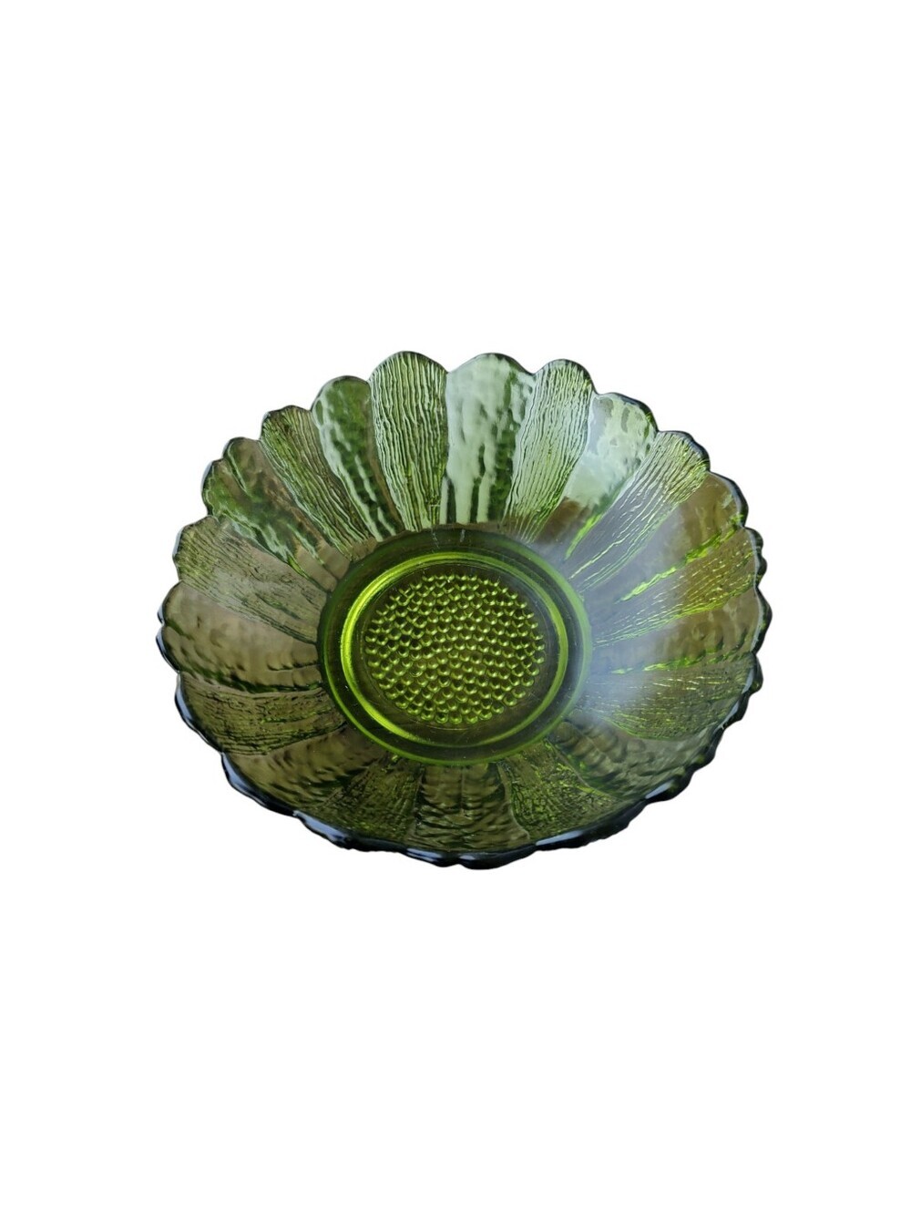 Indiana Glass Vintage Olive Green Petal-Edge Sunflower Serving Bowl